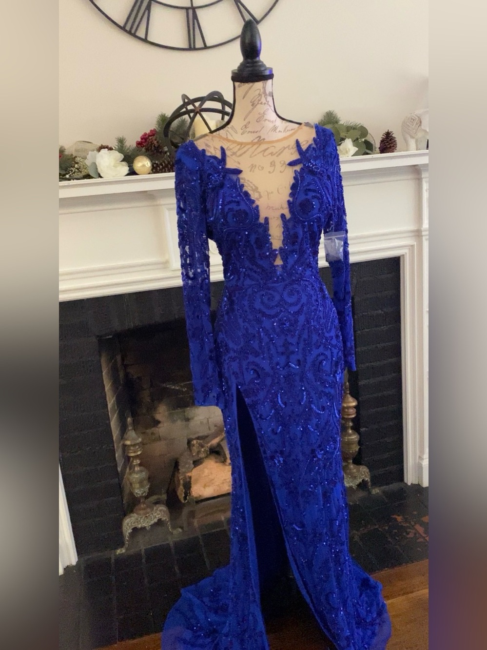 Royal blue beaded long sleeves pageant evening gown, prom dress, formal or gala